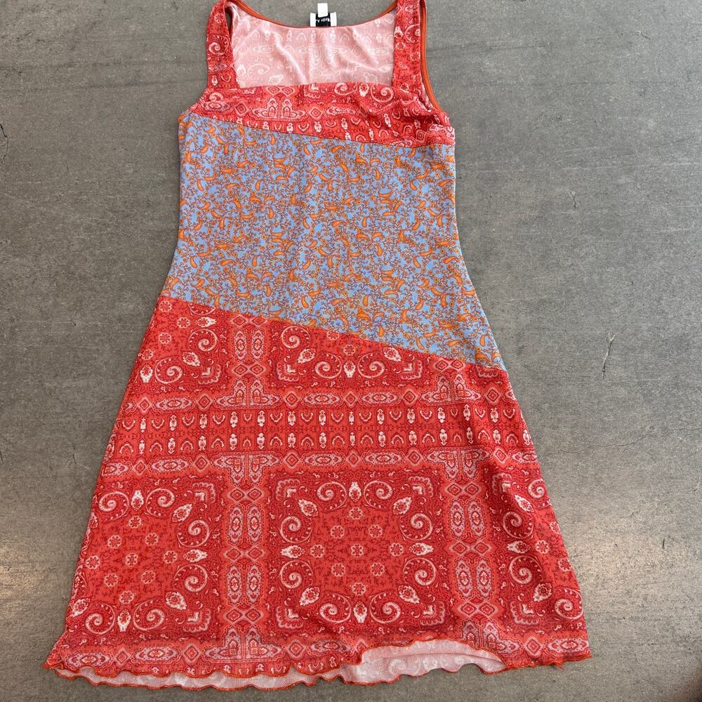 Vintage Y2k Boho La Hearts Bandana Print Micromesh Tank Top Mini Dress Medium